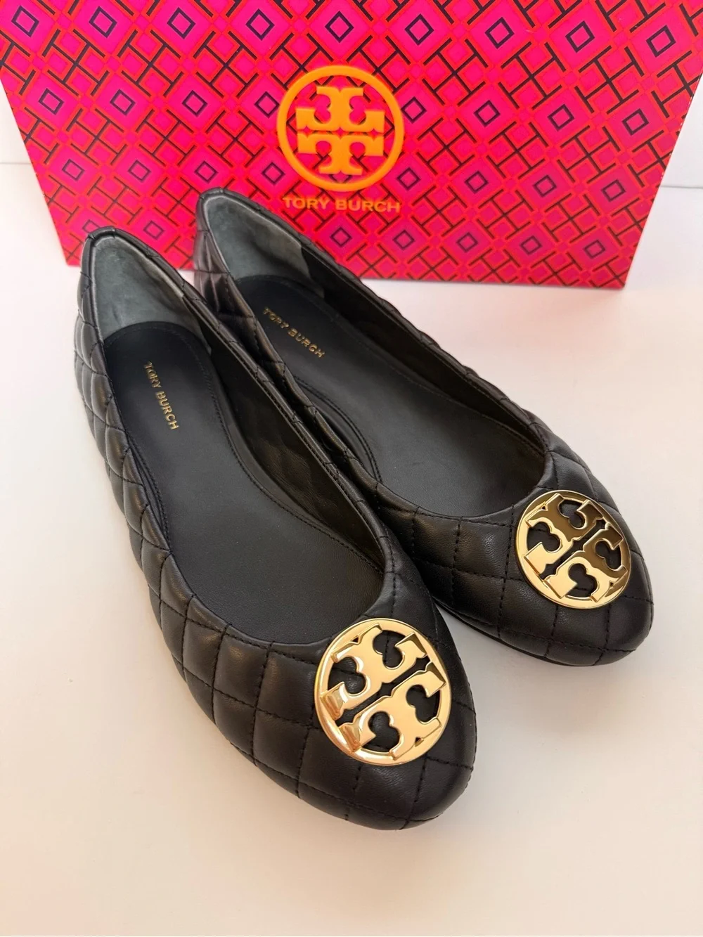 Tory Burch Chelsea Quilted Ballet Flats Black Nappa Leather Gold Logo Shoes 8.5